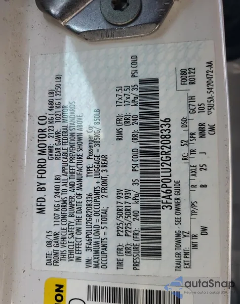 2016 Ford Fusion Se Hybrid from USA, damaged, VIN 3FA6P0LU2GR208336